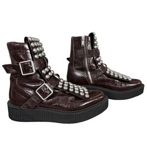 Marc Jacobs Studded Combat Creeper Boots Sz 37 (7) Brown Wine Leather 90s Punk